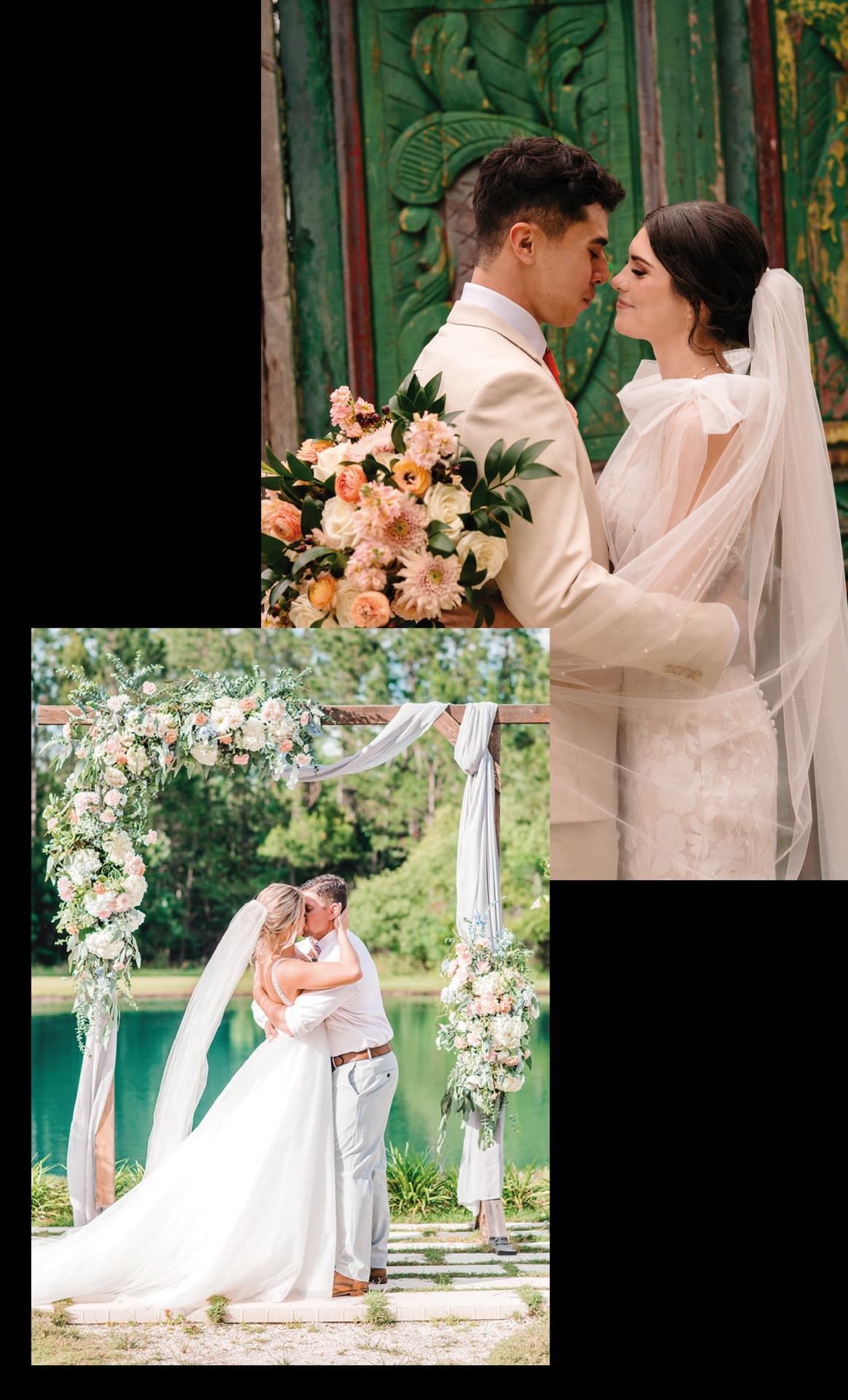 A wedding couple and a lakeside ceremony at The Manor at 12 Oaks